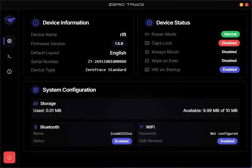 Device details page showing status and firmware