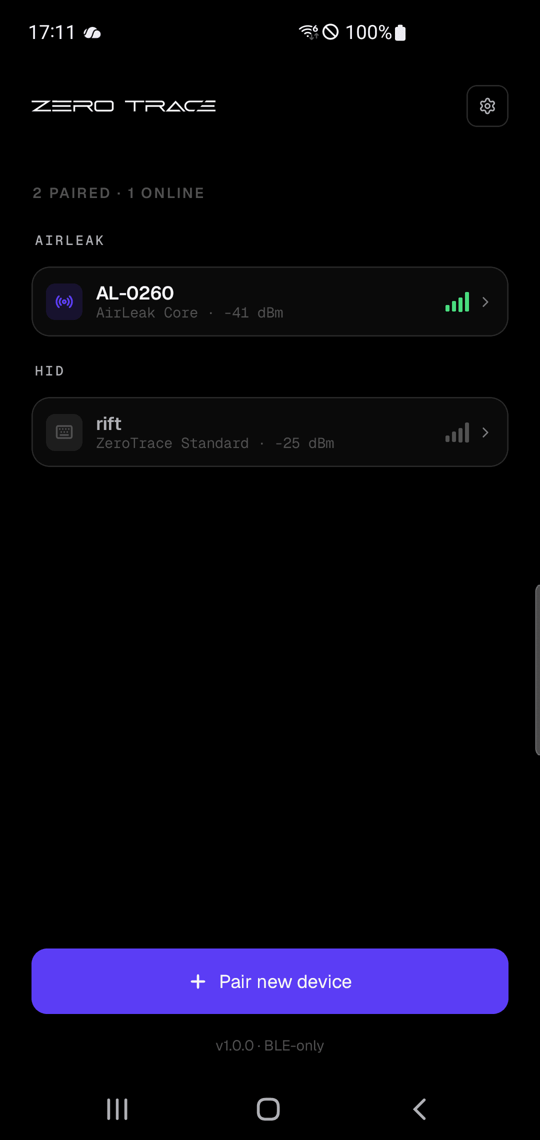 ZeroTrace Mobile home screen listing paired AirLeak and HID devices