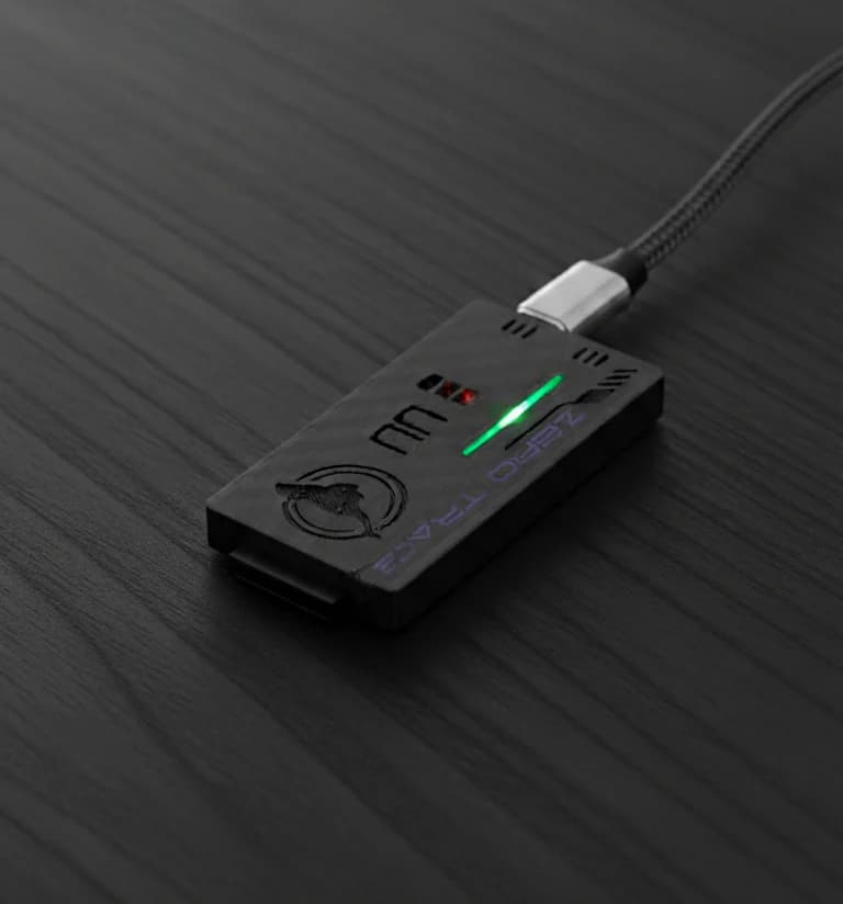 ZeroTrace Kit on a USB-C cable, status LED lit