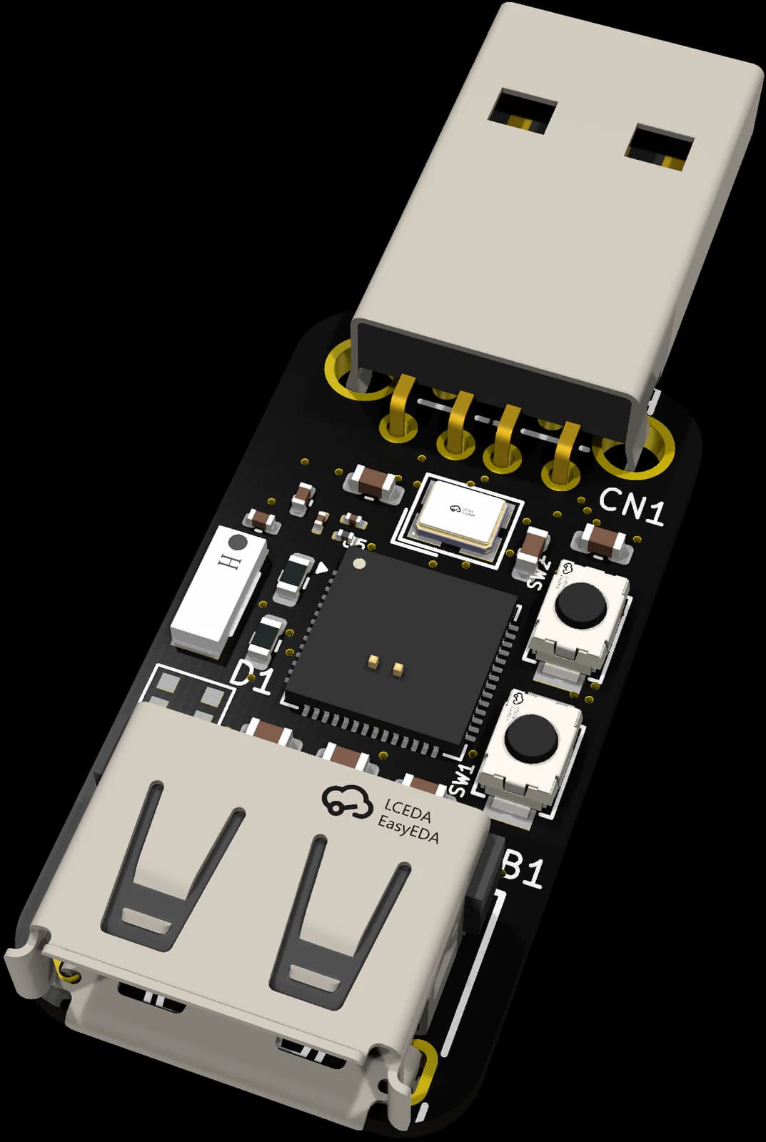 ZeroTrace USBLogger board with a USB-A plug and a USB-A socket