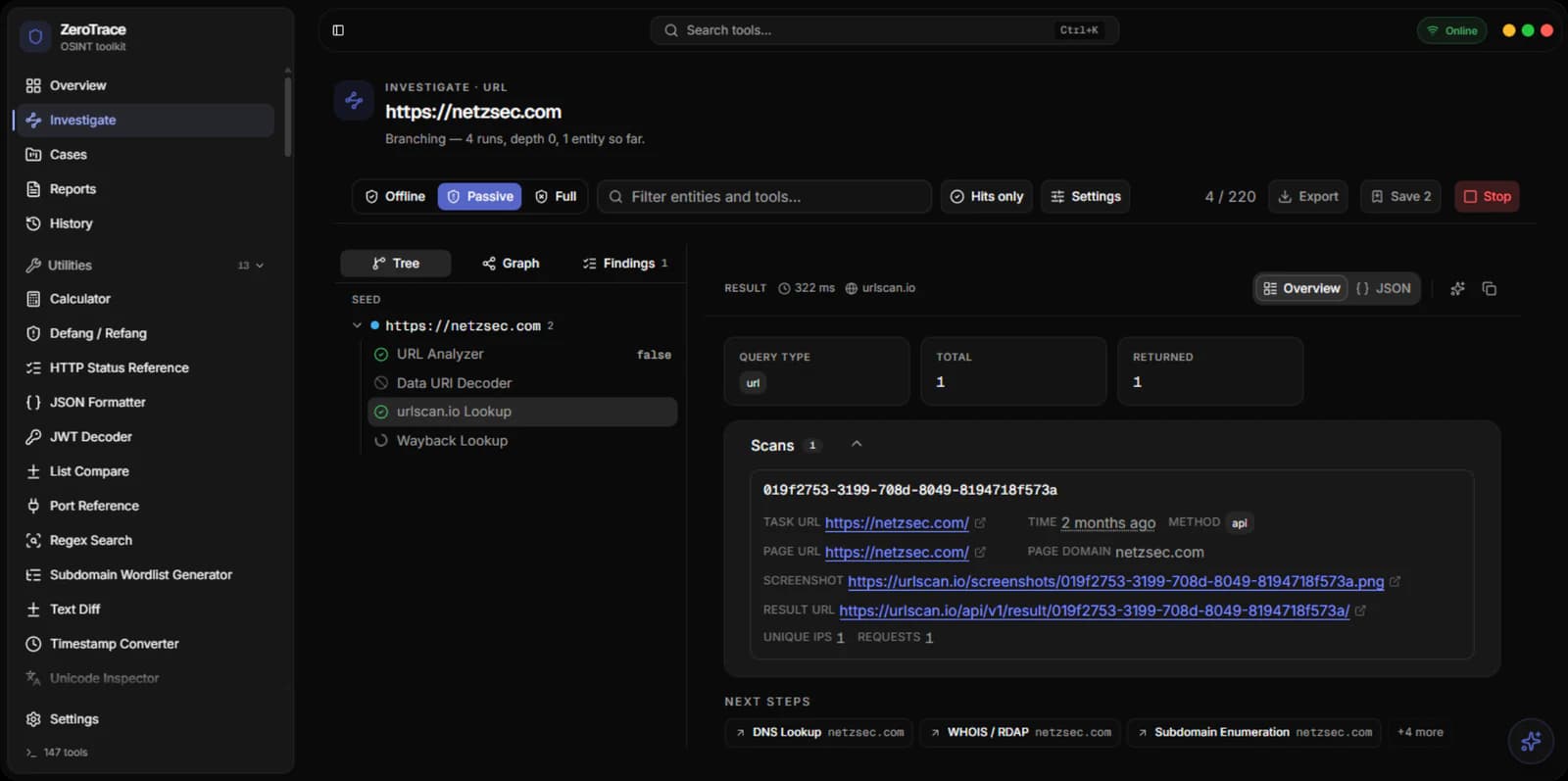 ZeroTrace OSINT investigating netzsec.com: a tree of lookups beside the urlscan.io result