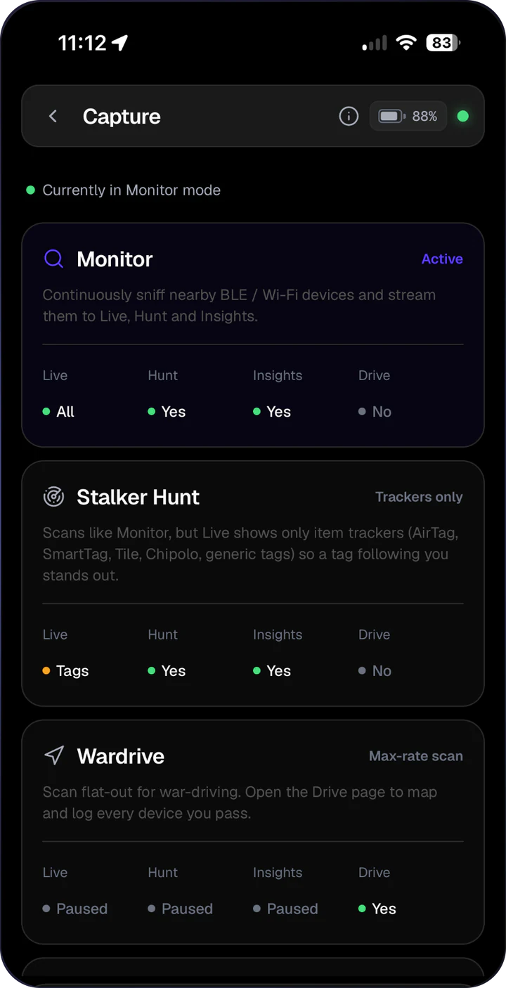 ZeroTrace Mobile connected to an AirLeak, showing its capture modes