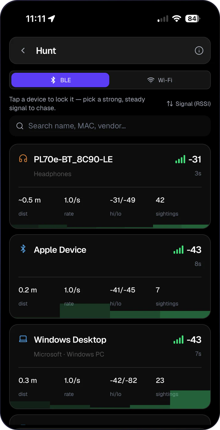 AirLeak Hunt screen tracking one device by its signal strength