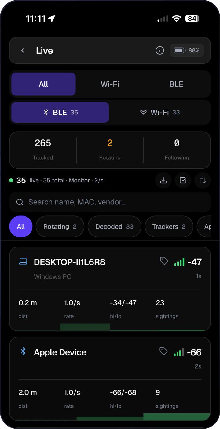 AirLeak Live screen listing nearby BLE and Wi-Fi devices with signal strength