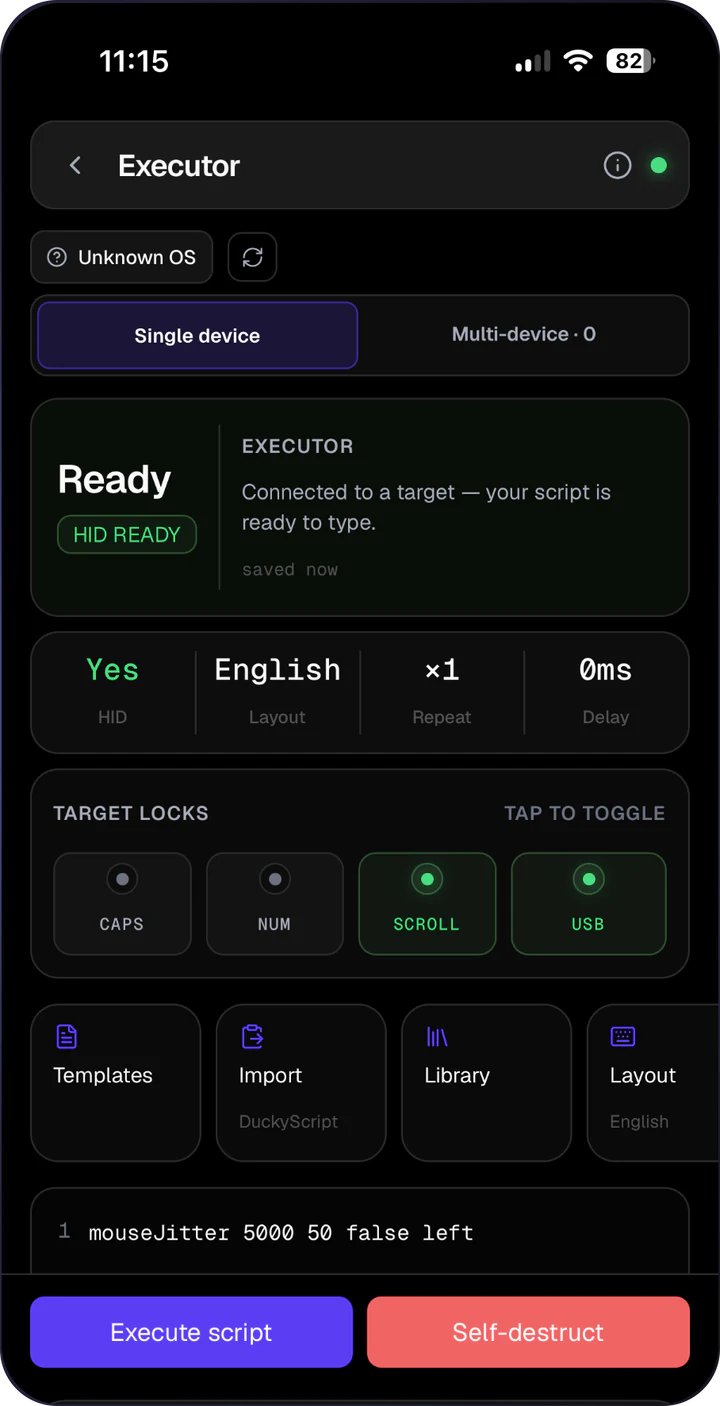 ZeroTrace HID app Executor screen, ready to run a script on a connected host