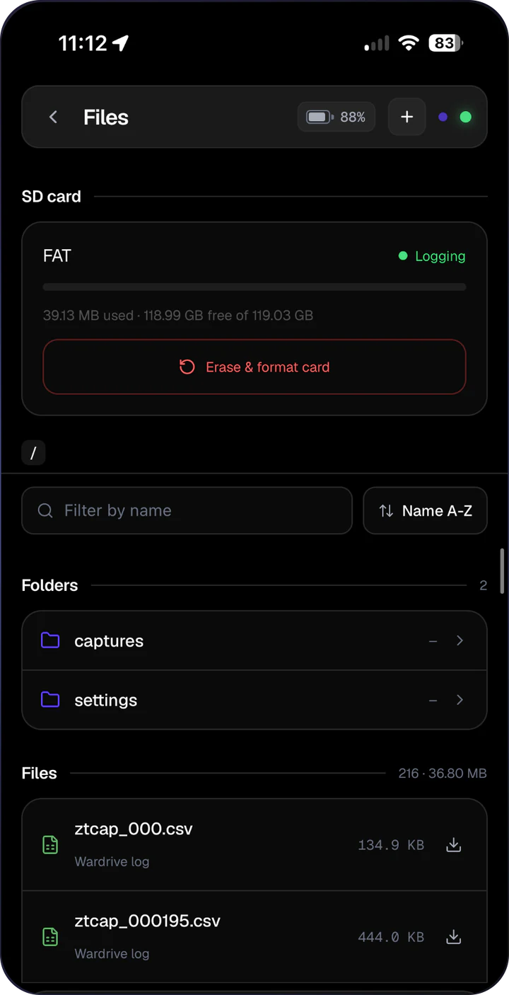 AirLeak Mini app: Files
