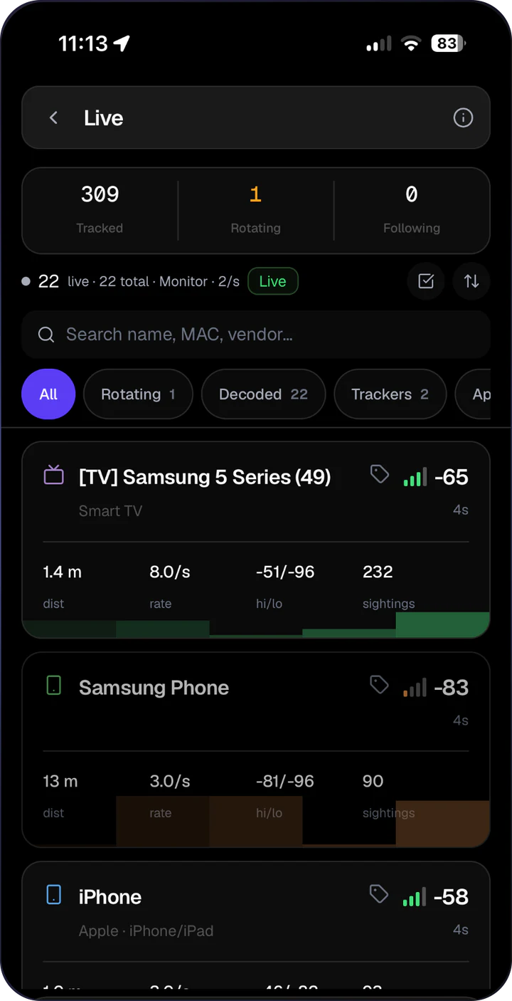 AirLeak Firmware app: Live view