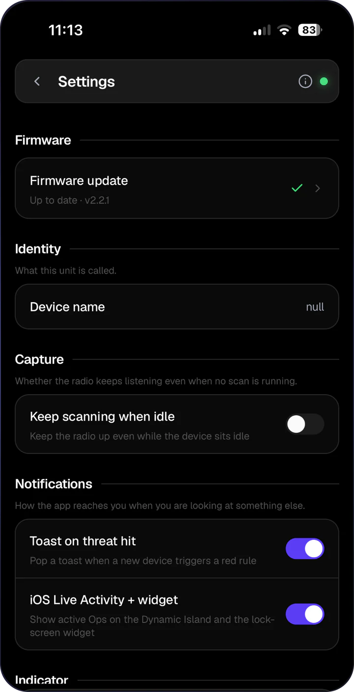 AirLeak Firmware app: Settings
