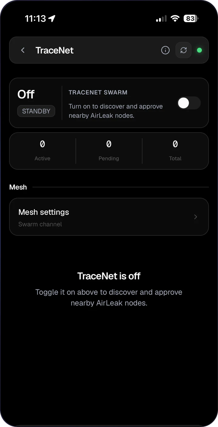 AirLeak Firmware app: TraceNet mesh